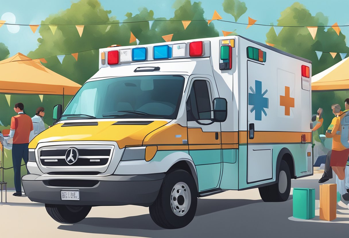 Uma ambulância estacionada em um evento ao ar livre, com equipamentos médicos visíveis dentro e um paramédico em pé nas proximidades.