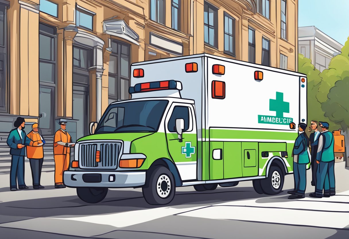 Uma ambulância estacionada do lado de fora de um local de evento, com uma pessoa discutindo preços e detalhes com os paramédicos.