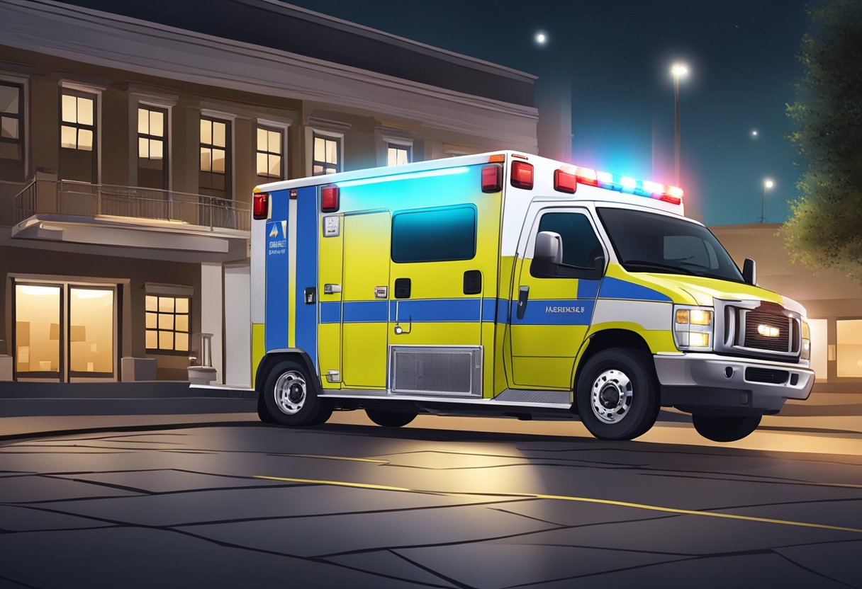 Uma ambulância estacionada do lado de fora de um local de evento, com suas luzes piscando e as portas de trás abertas, pronta para fornecer serviços médicos de emergência.