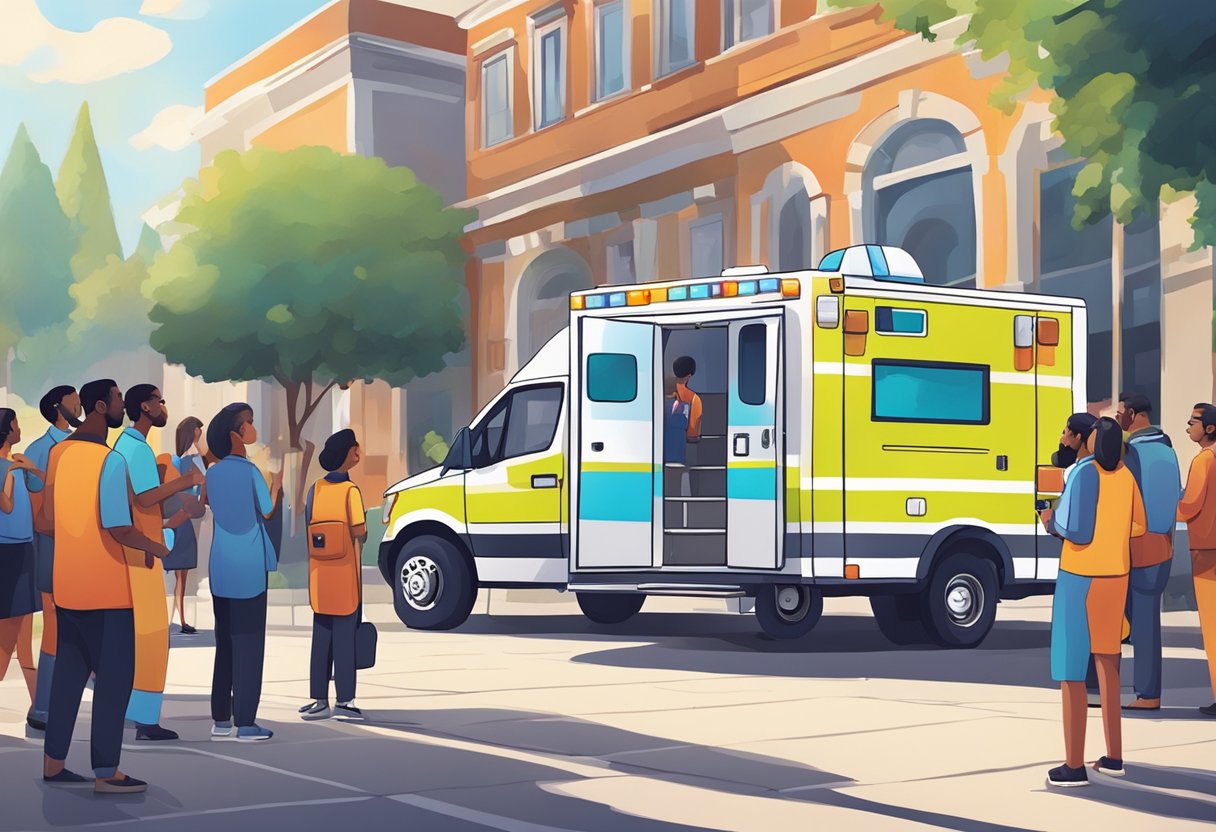 Uma ambulância colorida estacionada do lado de fora de um local, com um grupo de pessoas discutindo custos de aluguel e regulamentos de segurança para eventos.