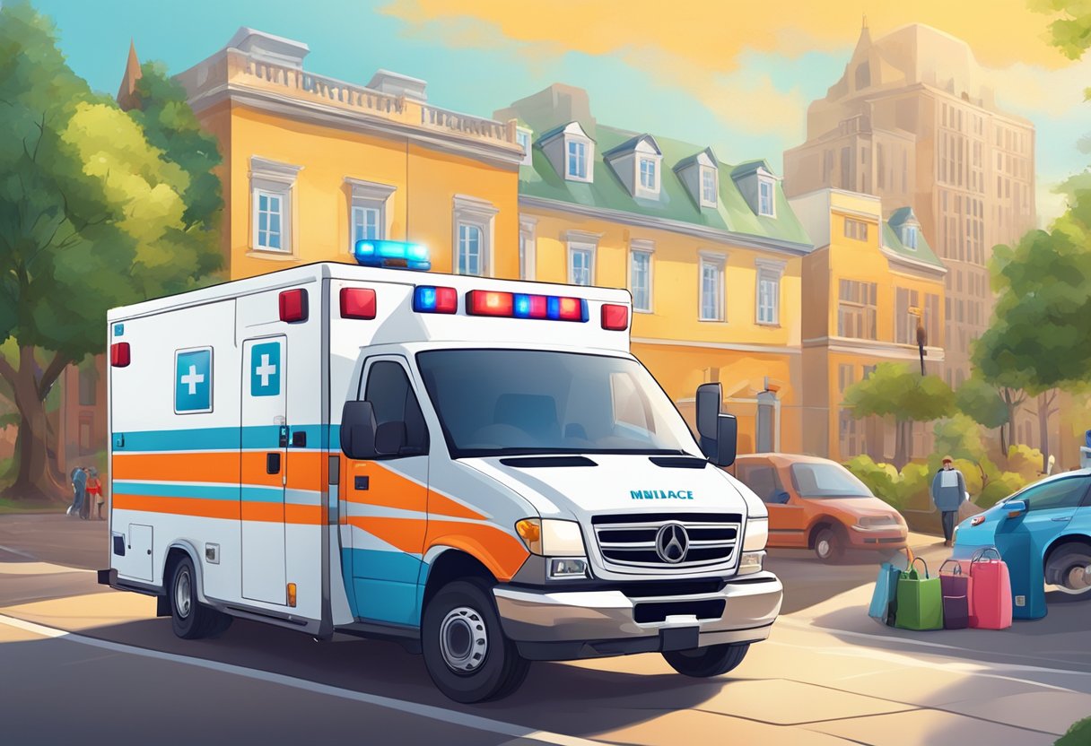 Um evento brilhante e colorido com uma ambulância totalmente equipada estacionada do lado de fora, pronta para fornecer assistência médica.