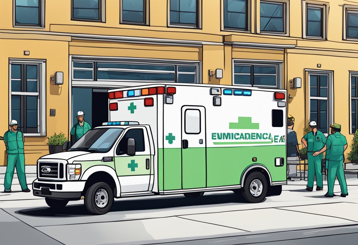 Uma ambulância estacionada do lado de fora de um local de evento, com paramédicos à espera e equipamentos de emergência visíveis através das portas abertas.