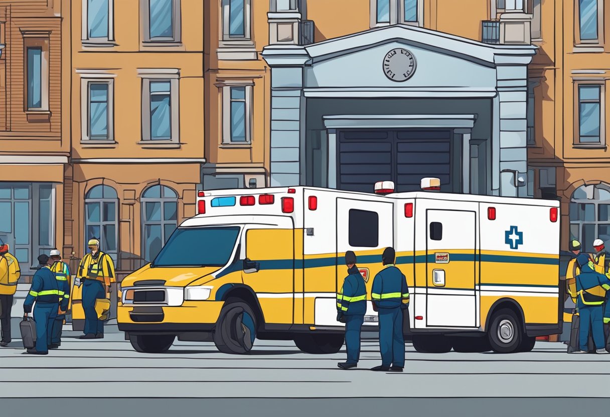Uma ambulância estacionada do lado de fora de um movimentado local de eventos, com paramédicos descarregando equipamentos e se preparando para possíveis emergências.