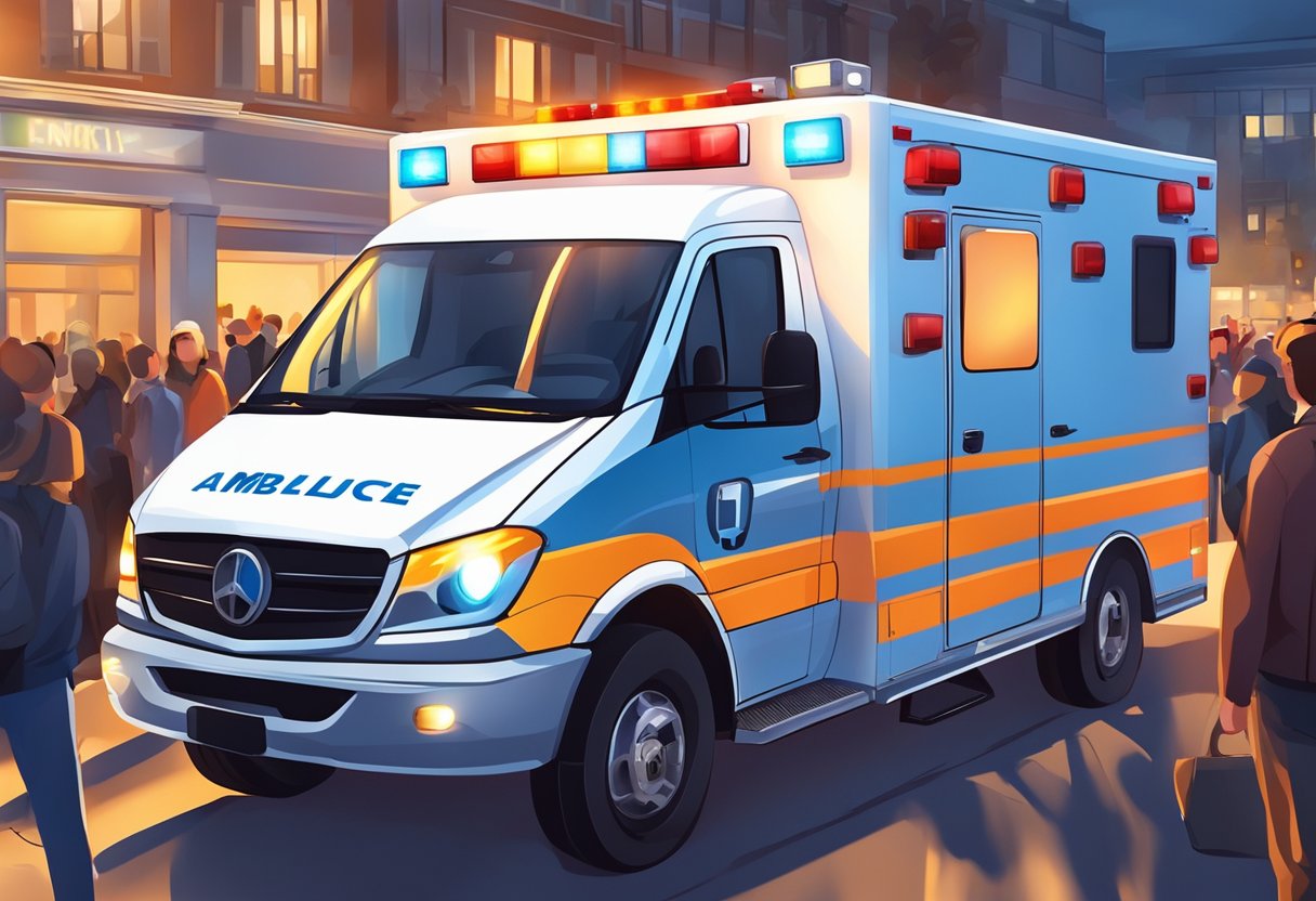 Uma ambulância para eventos estacionada com suas luzes de emergência piscando, cercada por uma multidão de pessoas e equipamentos de evento.