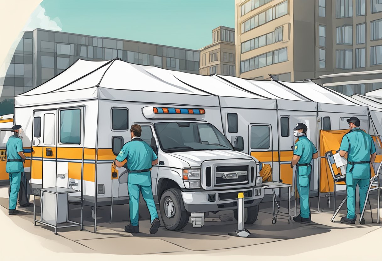 Uma equipe de paramédicos trabalhando em uma tenda médica durante um evento lotado, com uma ambulância estacionada nas proximidades.