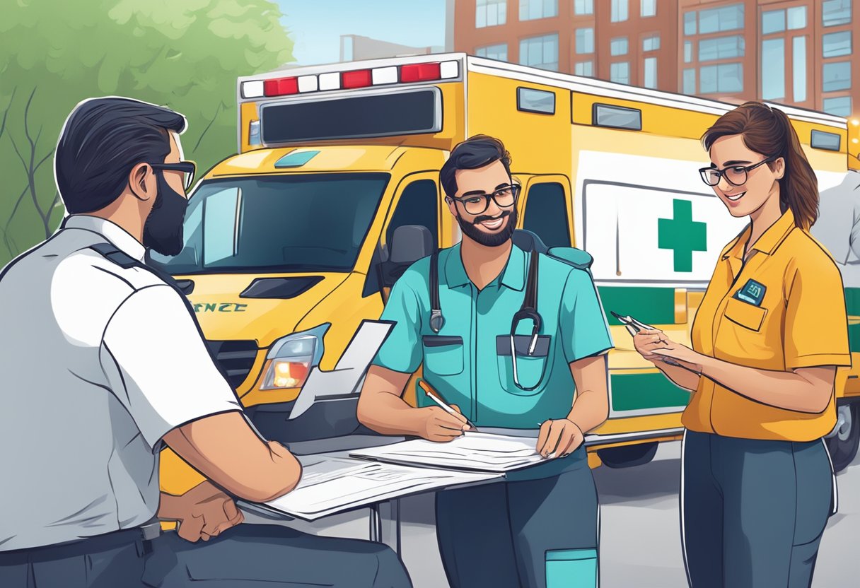 Um grupo de organizadores de eventos discutindo e assinando contratos com um prestador de serviços de ambulância profissional para um evento próximo.