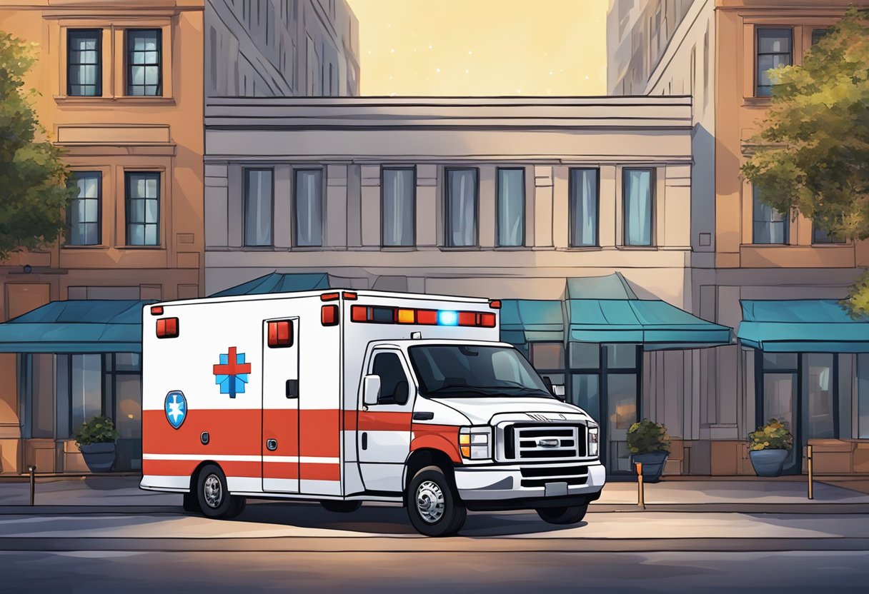 Uma ambulância estacionada do lado de fora de um local de evento, com luzes piscando e equipamentos médicos visíveis através das janelas.