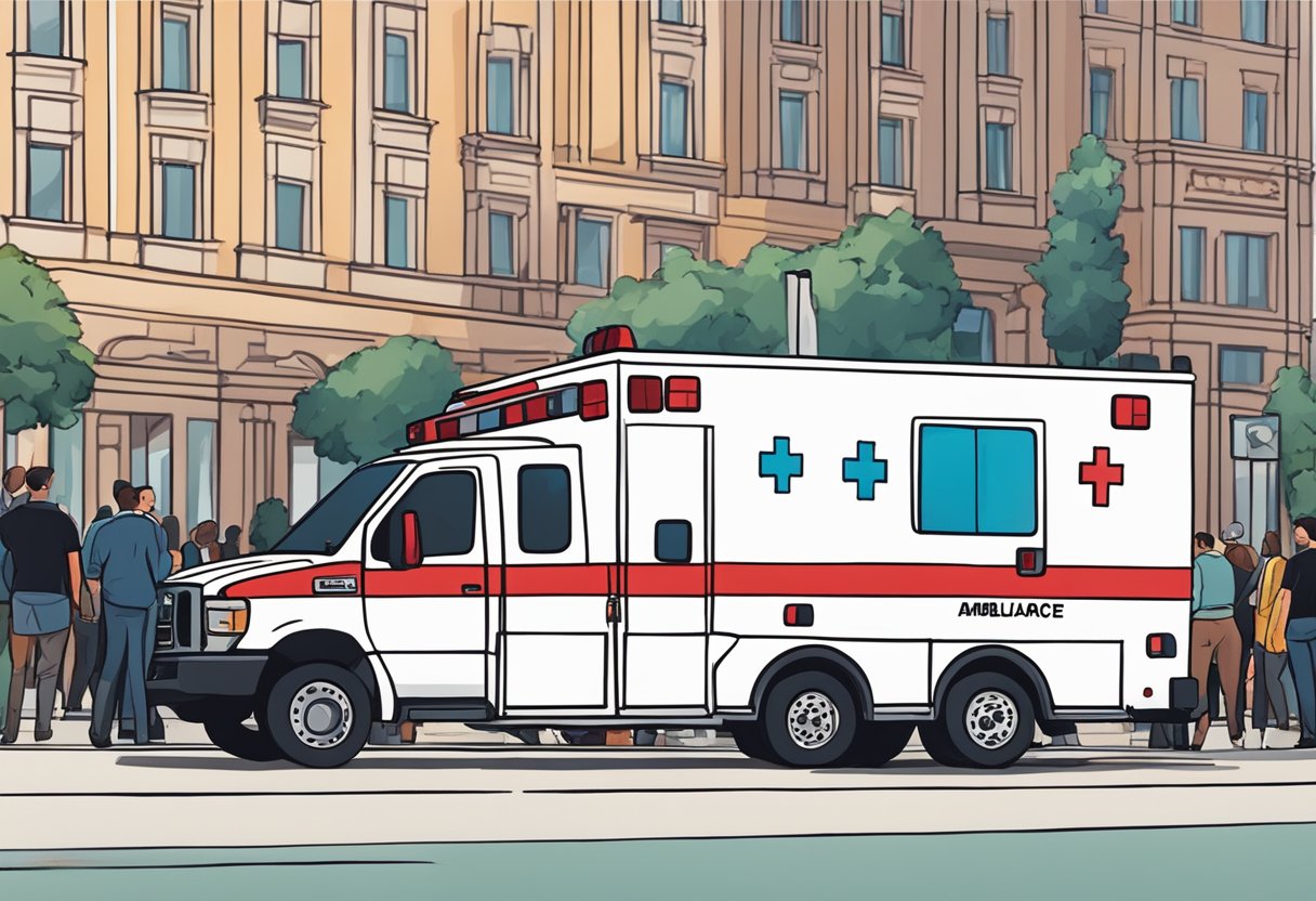 Uma ambulância estacionada do lado de fora de um local de evento, com uma multidão de pessoas reunidas ao redor, e uma sensação de segurança e confiabilidade no ar.