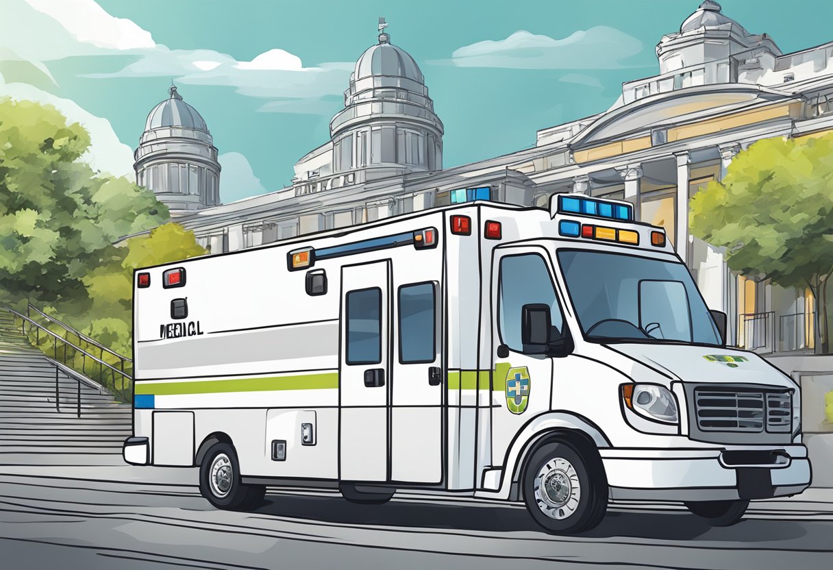 Uma ambulância médica estacionada do lado de fora de um local de evento, com uma lista de preços clara exibida.