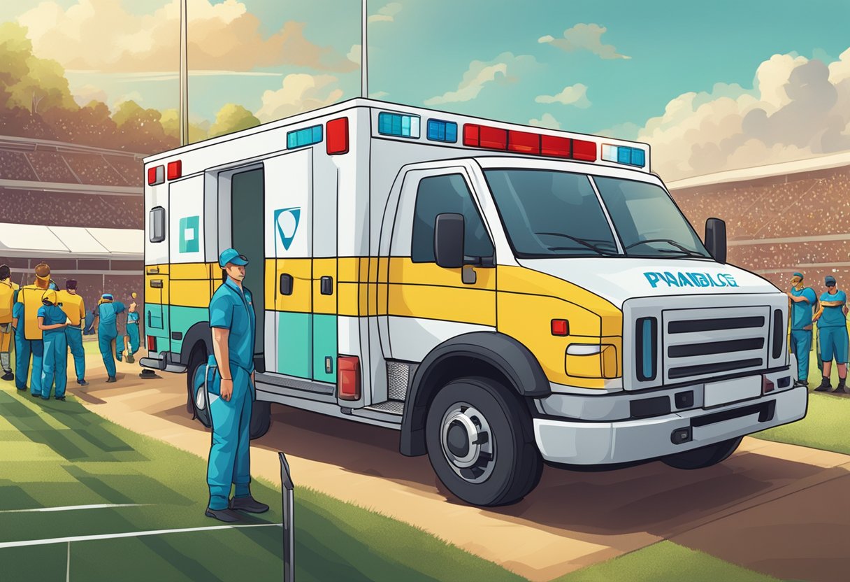 Uma ambulância estacionada perto de um campo esportivo, com paramédicos à disposição, prontos para fornecer assistência médica durante o evento.