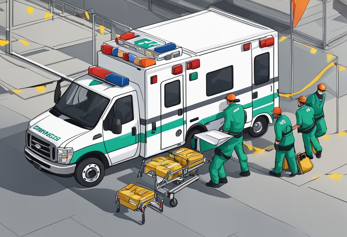 Uma ambulância estacionada do lado de fora de um local de evento esportivo, com equipamentos médicos sendo descarregados por paramédicos.