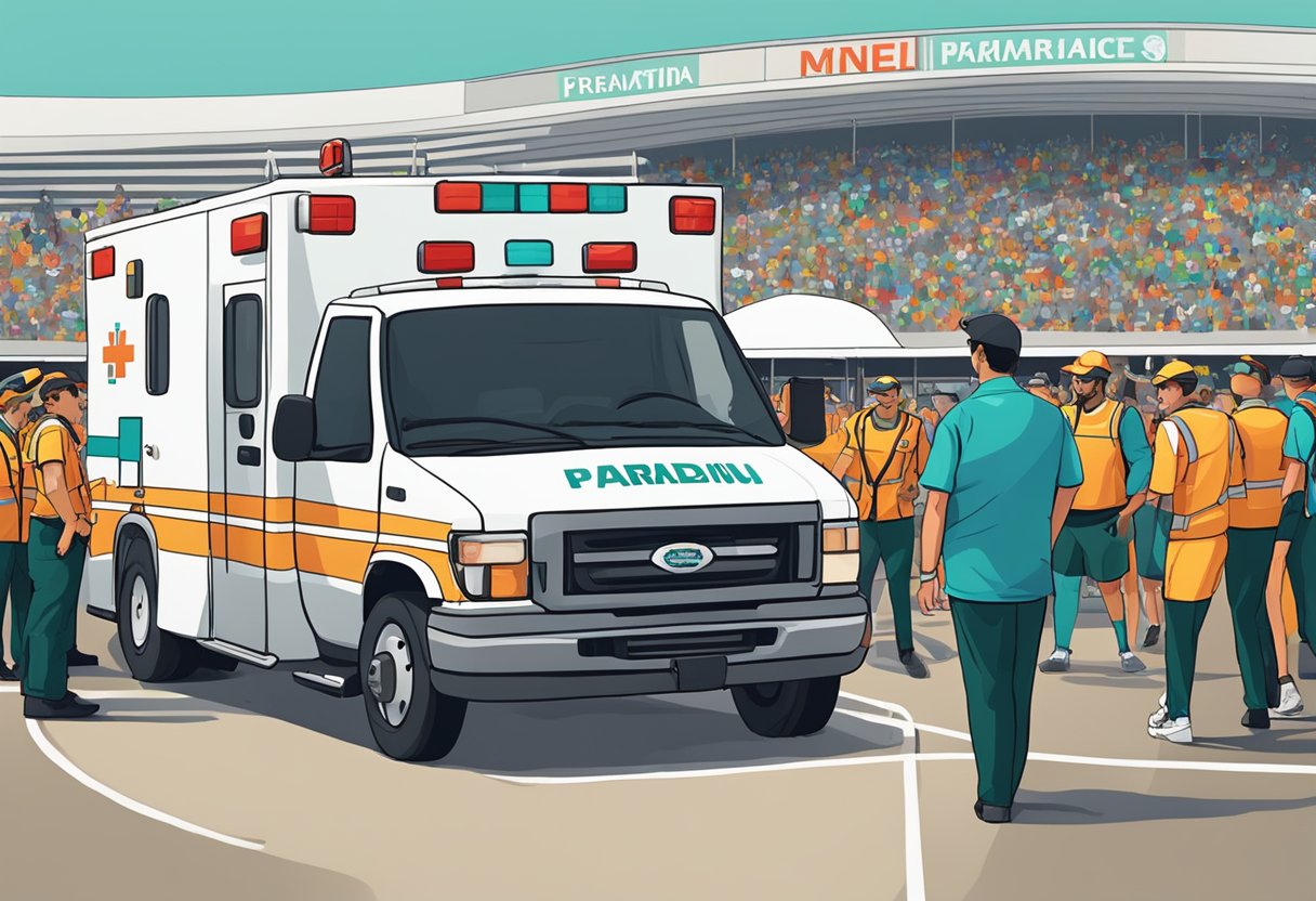 Uma ambulância estacionada em um evento esportivo, com paramédicos atendendo a um atleta ferido enquanto os espectadores observam.