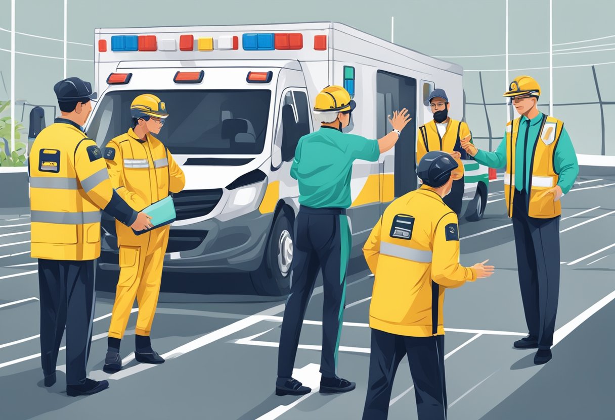 Um grupo de oficiais discutindo detalhes financeiros e orçamentários enquanto organiza uma ambulância em um evento esportivo