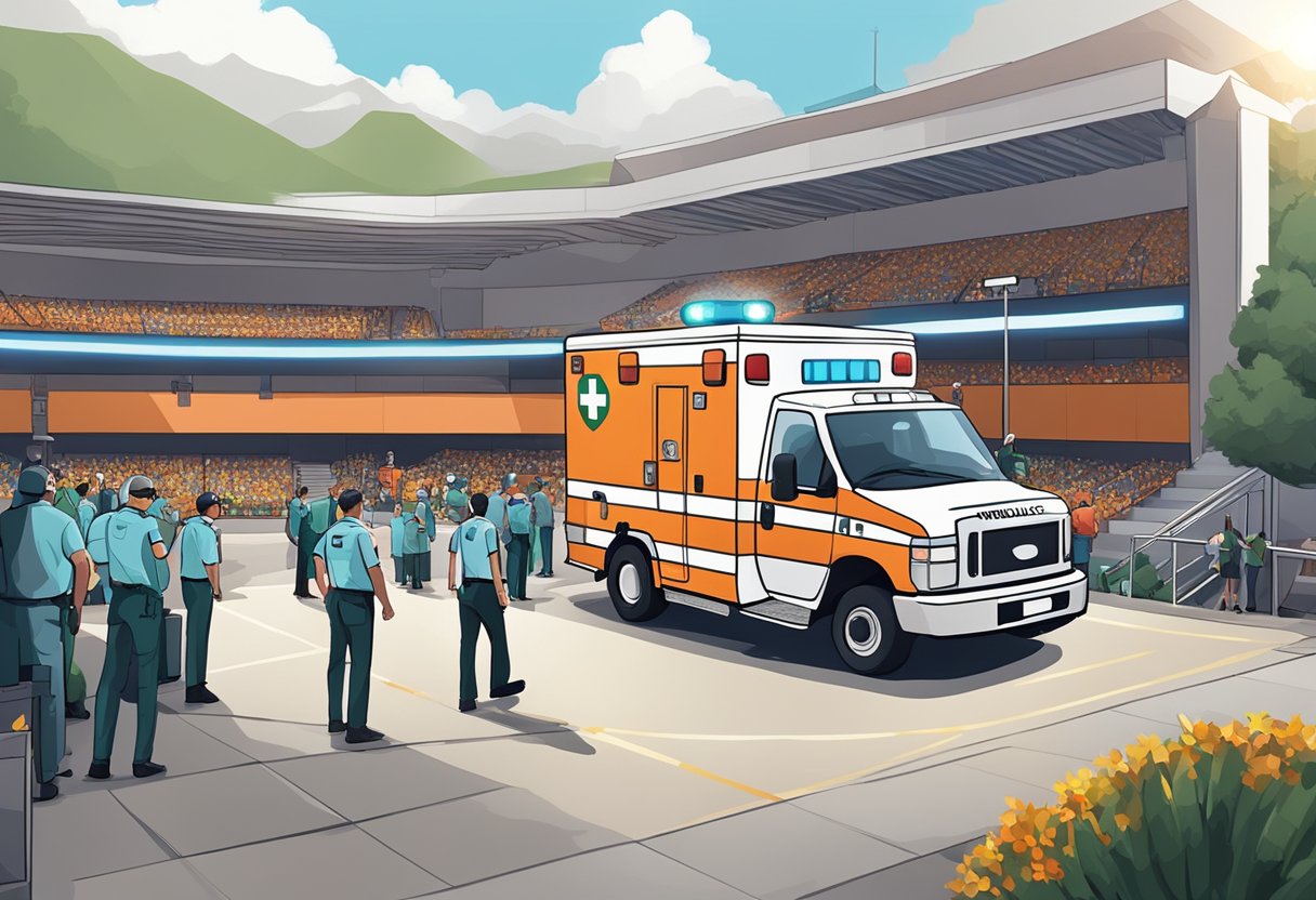 Uma ambulância estacionada do lado de fora de um local de evento esportivo, com luzes de emergência piscando e pessoal médico de prontidão.