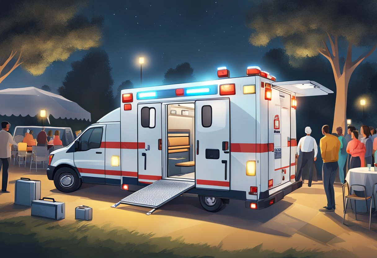 Uma ambulância estacionada em um evento ao ar livre, com luzes de emergência piscando e equipamentos médicos visíveis através das portas traseiras abertas.