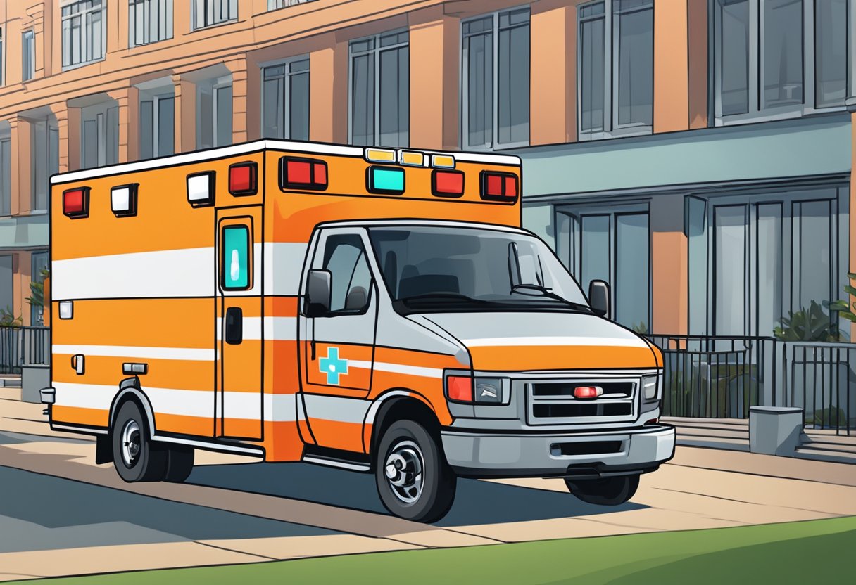 Uma ambulância estacionada do lado de fora de um local de evento, com luzes de emergência piscando e equipamentos médicos visíveis através das janelas.