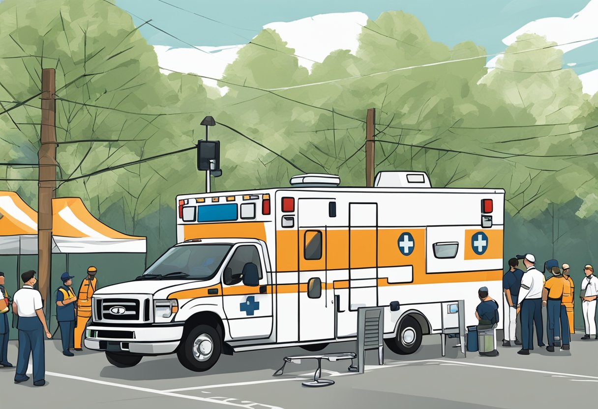 Uma ambulância estacionada em um evento ao ar livre, com uma equipe de socorristas realizando avaliações de risco e planejando para possíveis emergências.