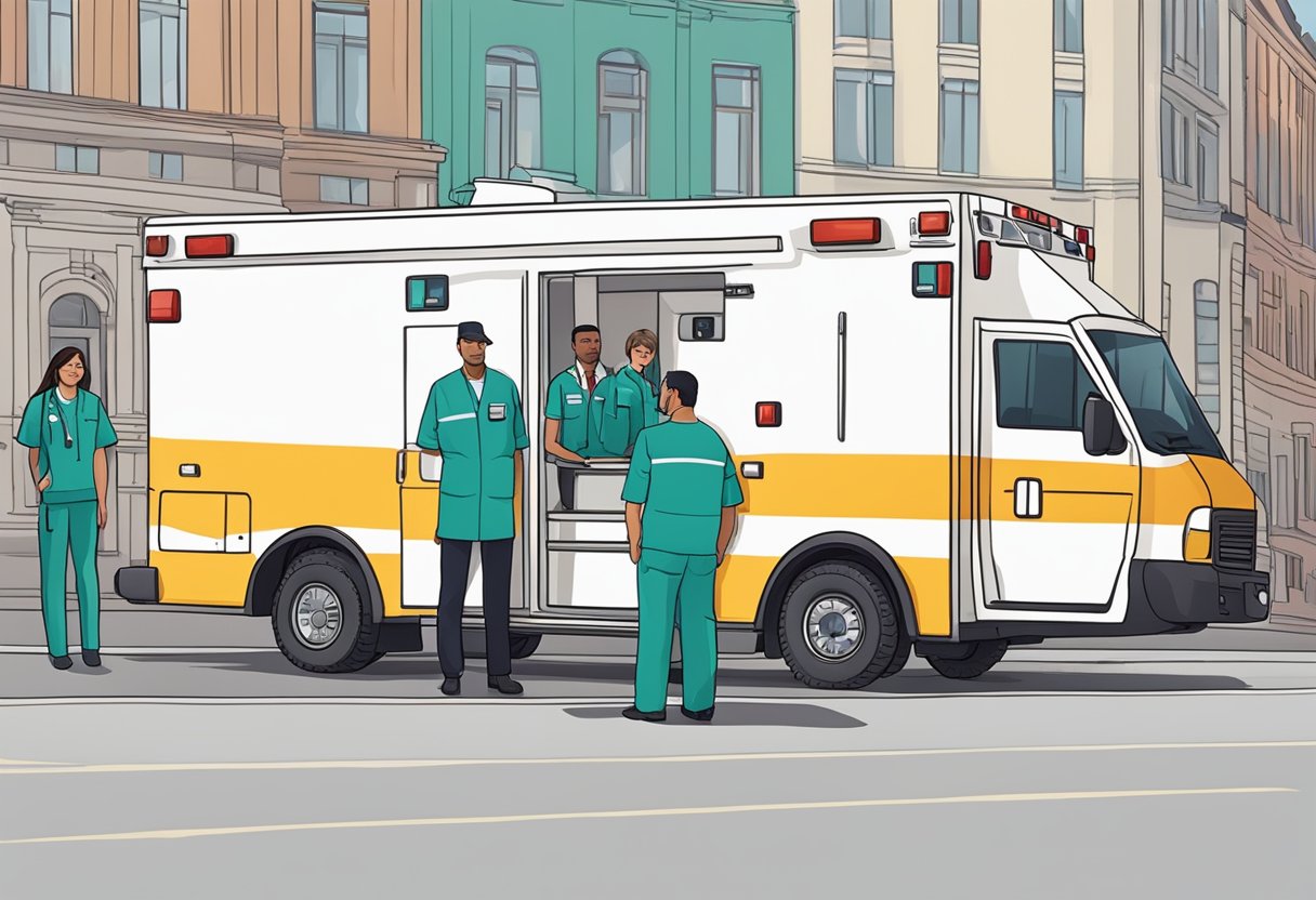 Uma equipe médica está ao lado de uma ambulância em um evento