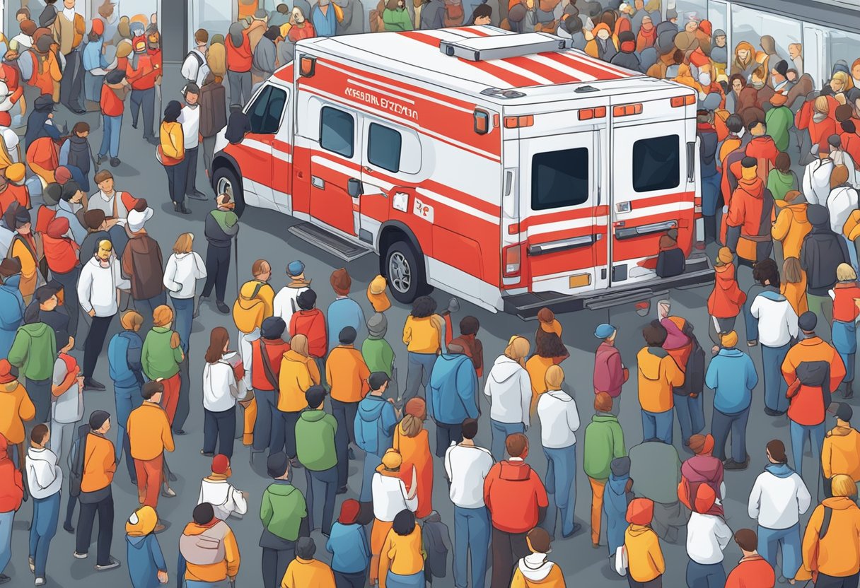Um evento movimentado com uma ambulância vermelha brilhante estacionada do lado de fora, cercada por uma multidão de pessoas em busca de assistência e cuidados.