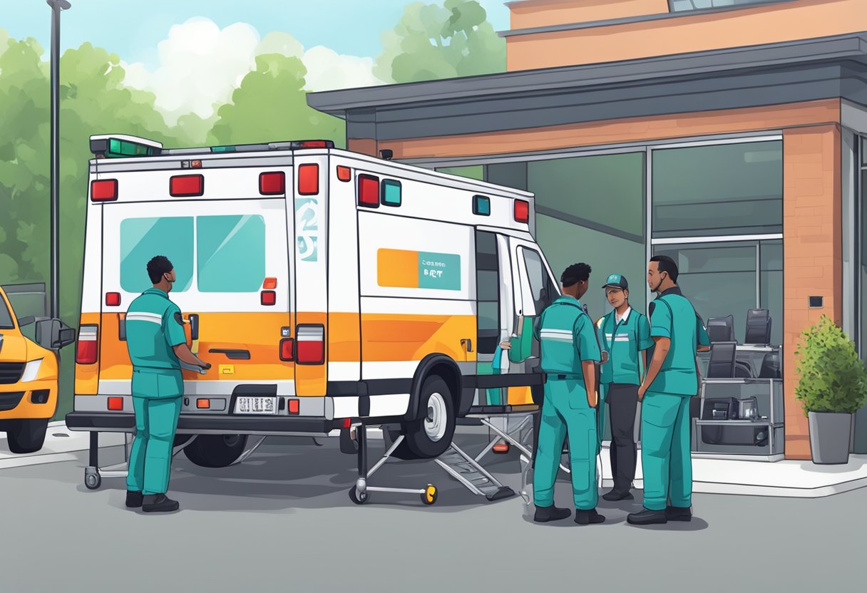 Uma equipe de paramédicos prepara uma ambulância para um evento, verificando equipamentos e suprimentos médicos. O veículo está estacionado do lado de fora de um local, com pessoas ao fundo.