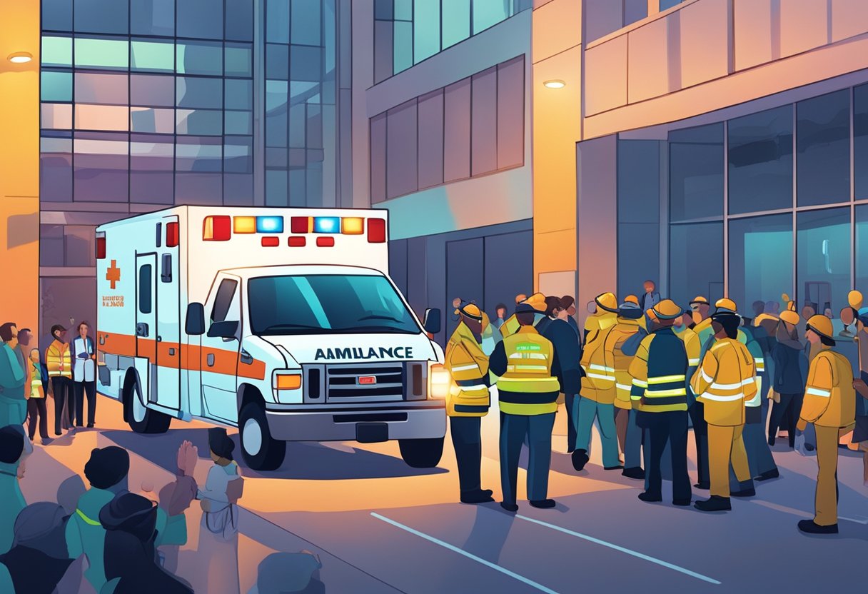 Uma ambulância estacionada do lado de fora de um local de evento lotado, com luzes piscando e paramédicos atendendo a um paciente em uma maca.