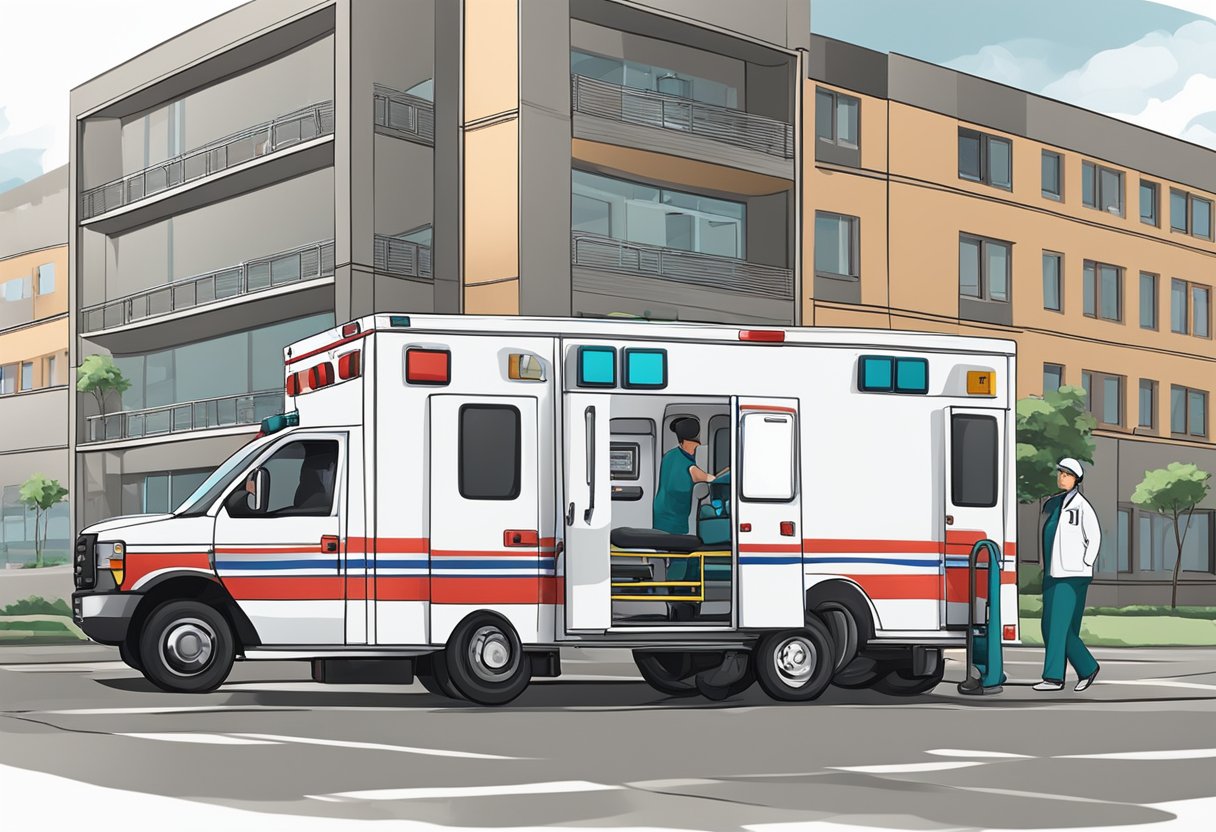 Ambulância Psiquiátrica: Serviços Essenciais e Protocolos de Atuação 2 Uma ambulância psiquiátrica estacionada em frente a um hospital, com equipamentos médicos sendo carregados pela equipe.