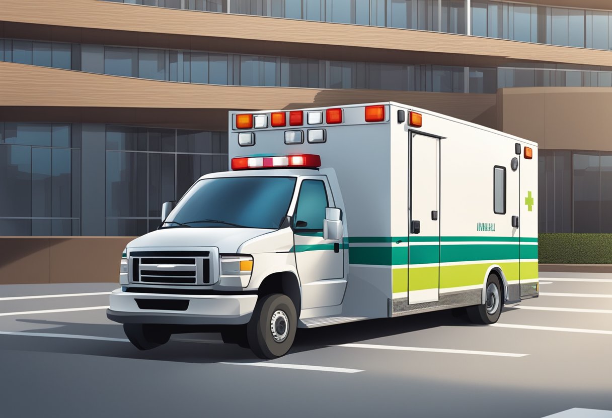 Ambulância Psiquiátrica: Serviços Essenciais e Protocolos de Atuação 3 Uma ambulância psiquiátrica estacionada do lado de fora de um hospital, equipada com equipamentos médicos especializados e uma rampa para cadeiras de rodas.