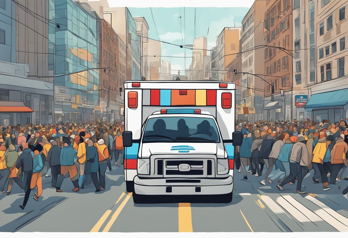 Ambulância Psiquiátrica: Serviços Essenciais e Protocolos de Atuação 5 Uma ambulância com marcas psiquiátricas avança por uma rua movimentada da cidade, com as sirenes ligadas, enquanto navega pelo trânsito para chegar ao seu destino.