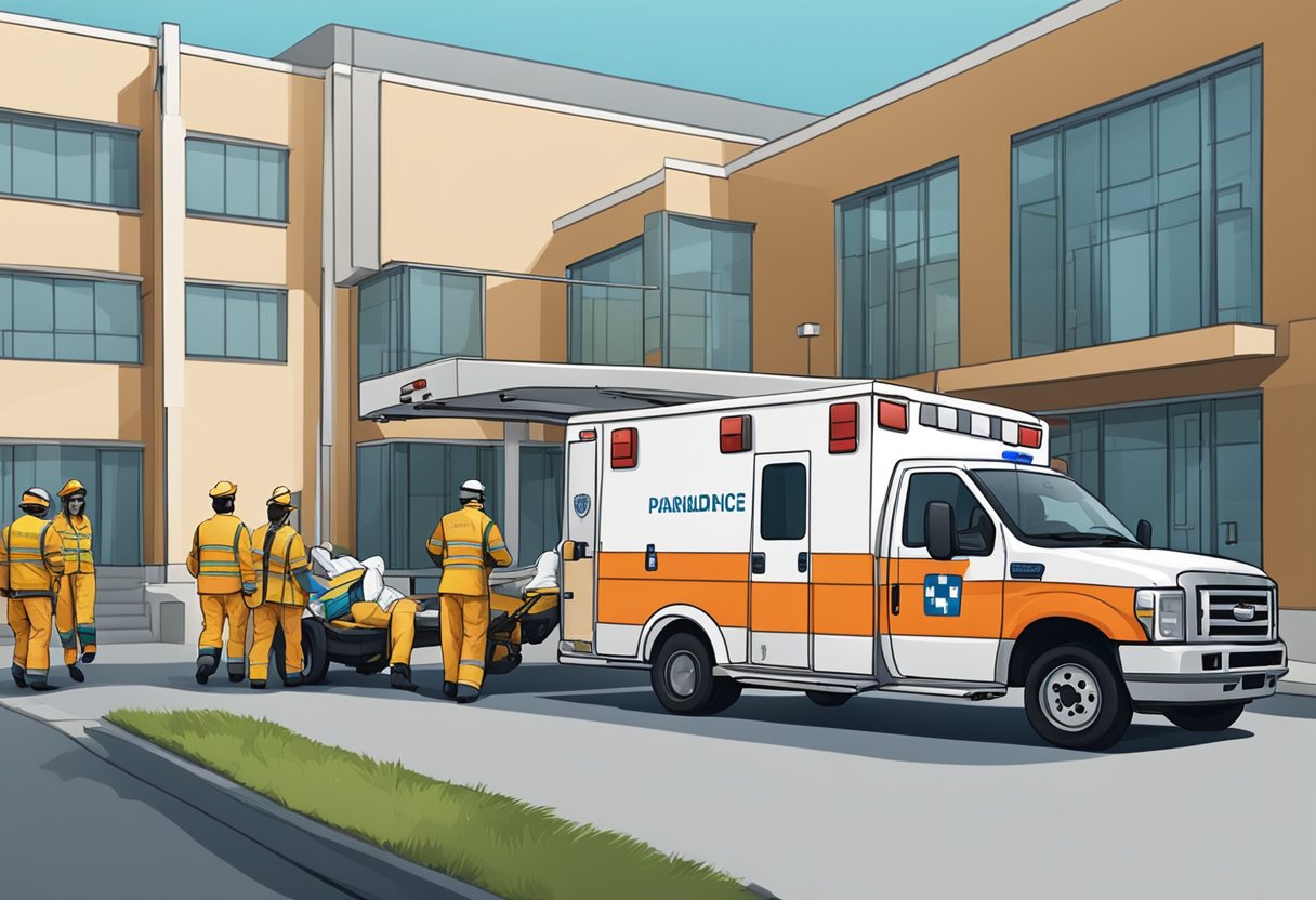 Ambulância Psiquiátrica: Serviços Essenciais e Protocolos de Atuação 6 Uma ambulância psiquiátrica estacionada do lado de fora de um hospital, com paramédicos descarregando uma maca enquanto seguem diretrizes legais e éticas.