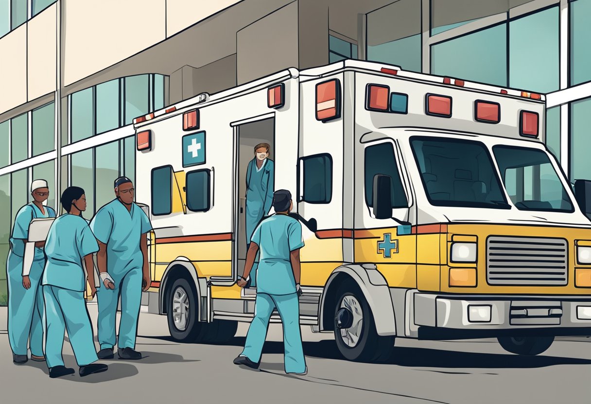 Ambulância Psiquiátrica: Serviços Essenciais e Protocolos de Atuação 7 Uma ambulância psiquiátrica chegando a um hospital, com equipe médica assistindo a um paciente.