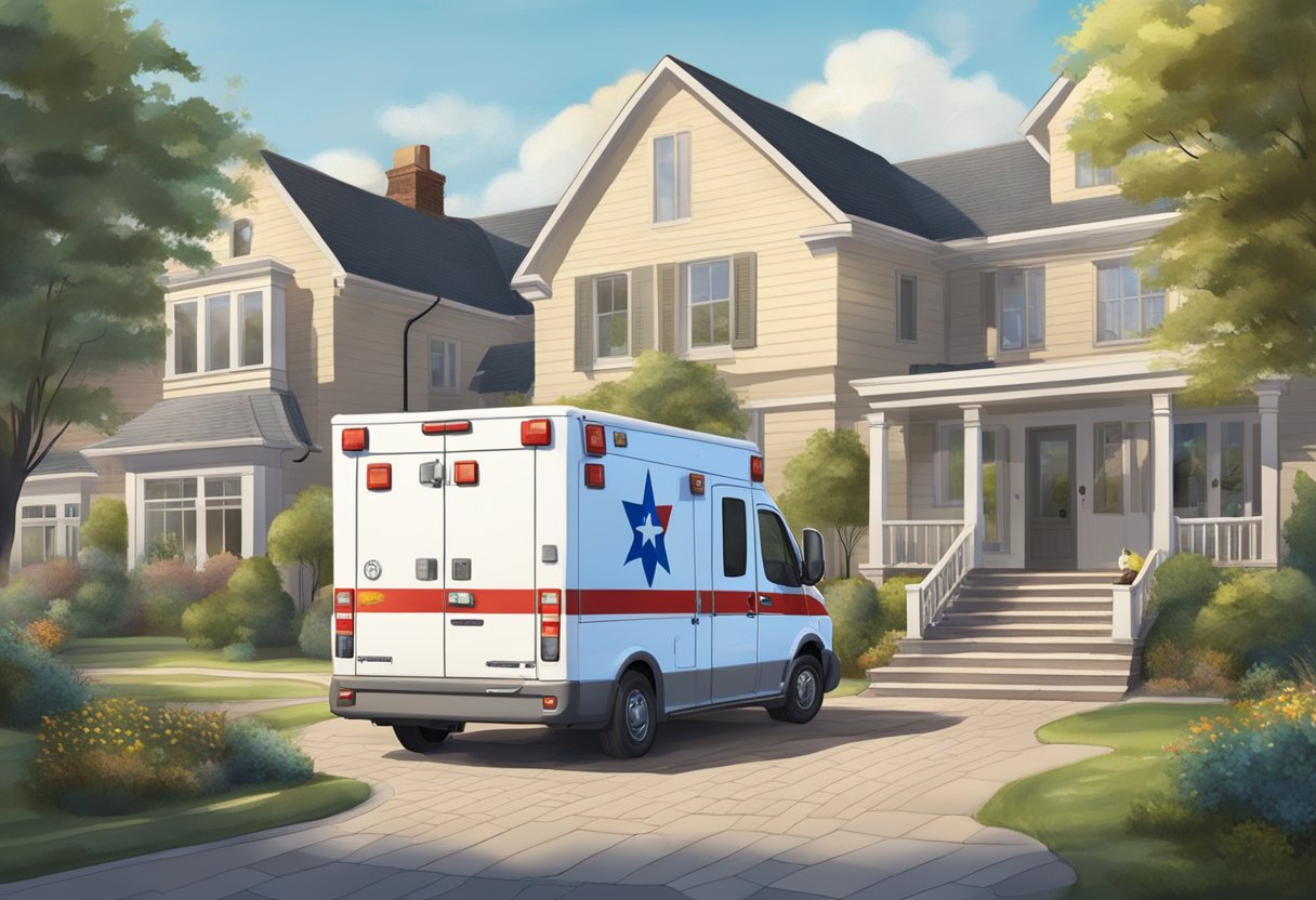 Ambulância Psiquiátrica: Serviços Essenciais e Protocolos de Atuação 8 Uma ambulância psiquiátrica estacionada do lado de fora de uma casa familiar, cercada por uma rede de contatos de apoio.