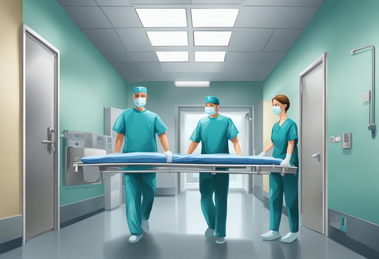 Uma pessoa sendo escoltada para uma instalação estéril e clínica por dois indivíduos de aparência severa em uniforme.