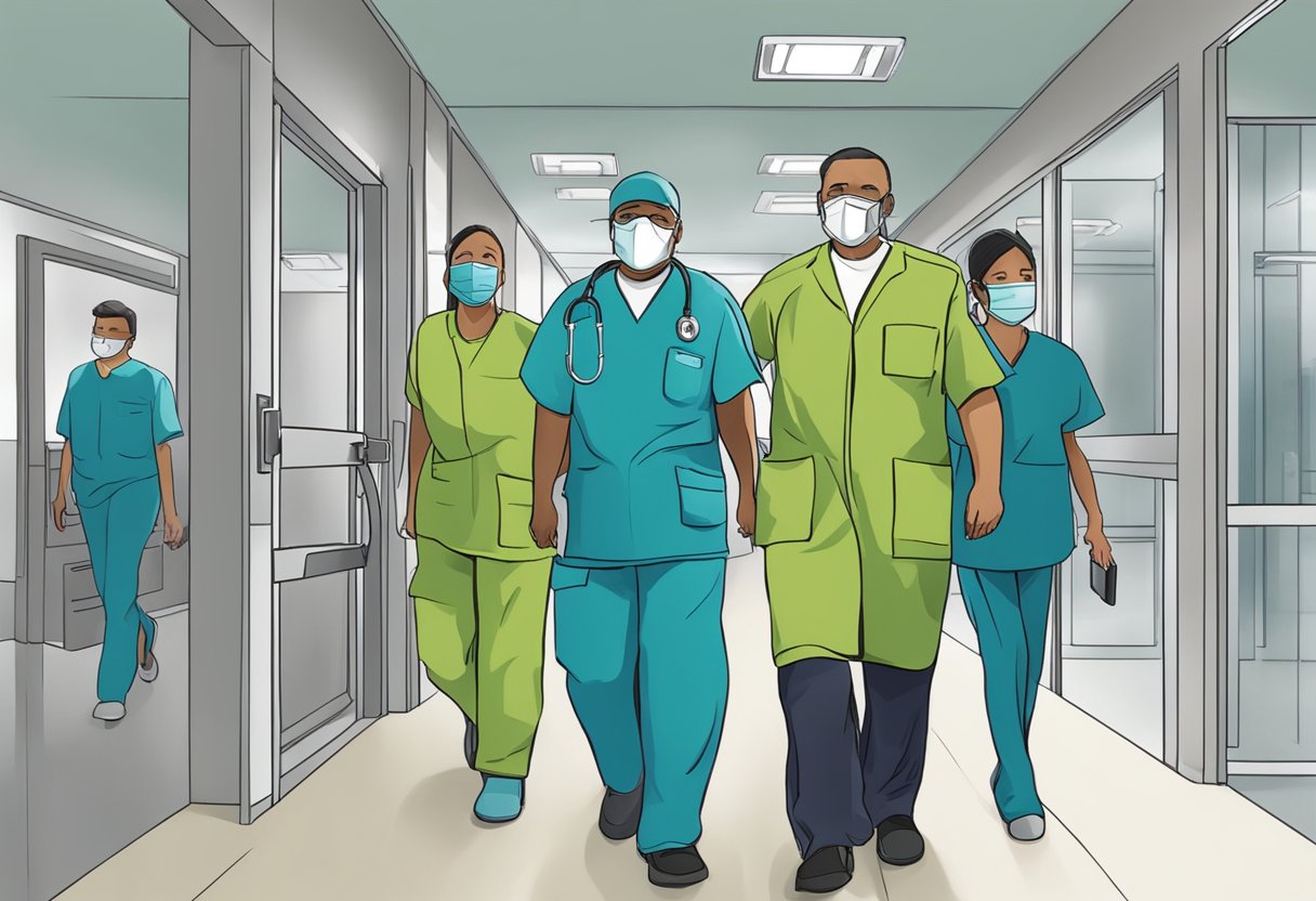 Uma pessoa sendo escoltada para uma instalação segura por profissionais de saúde