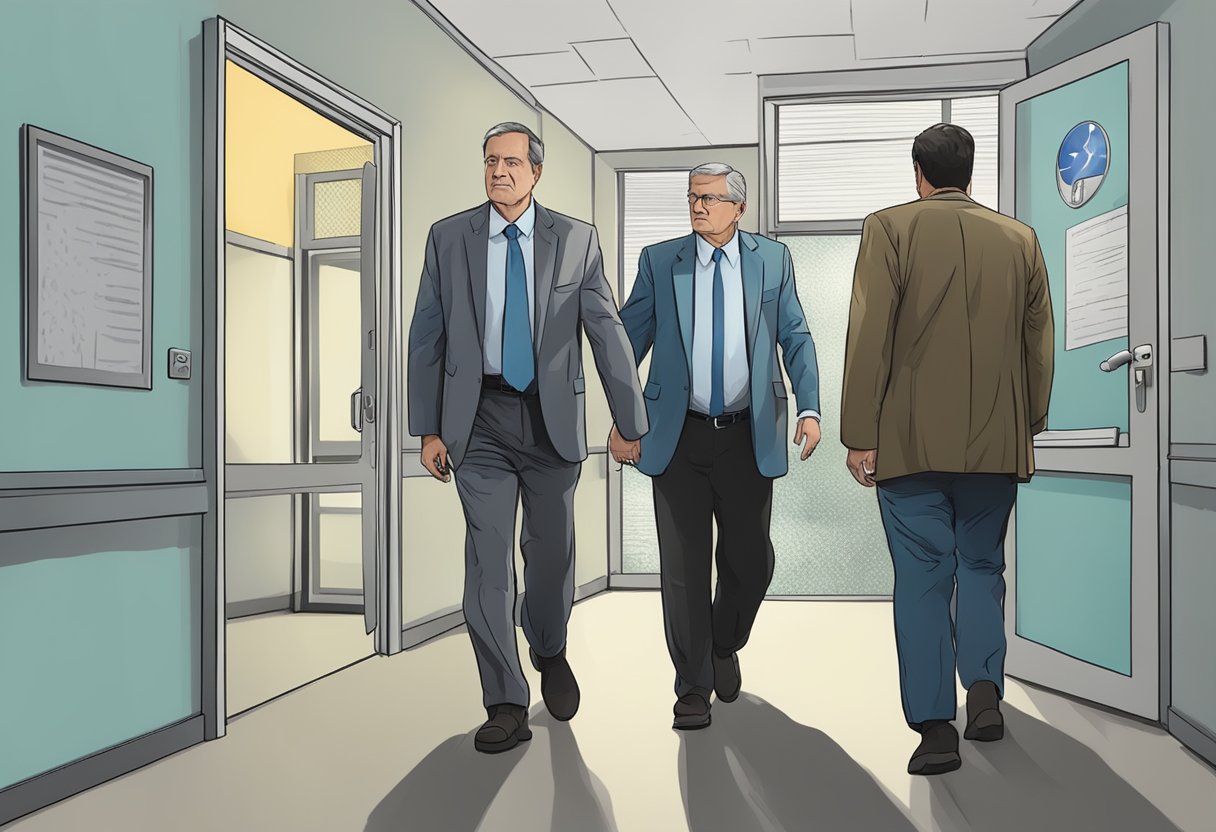 Uma pessoa sendo acompanhada para uma instituição de saúde mental por duas figuras de autoridade