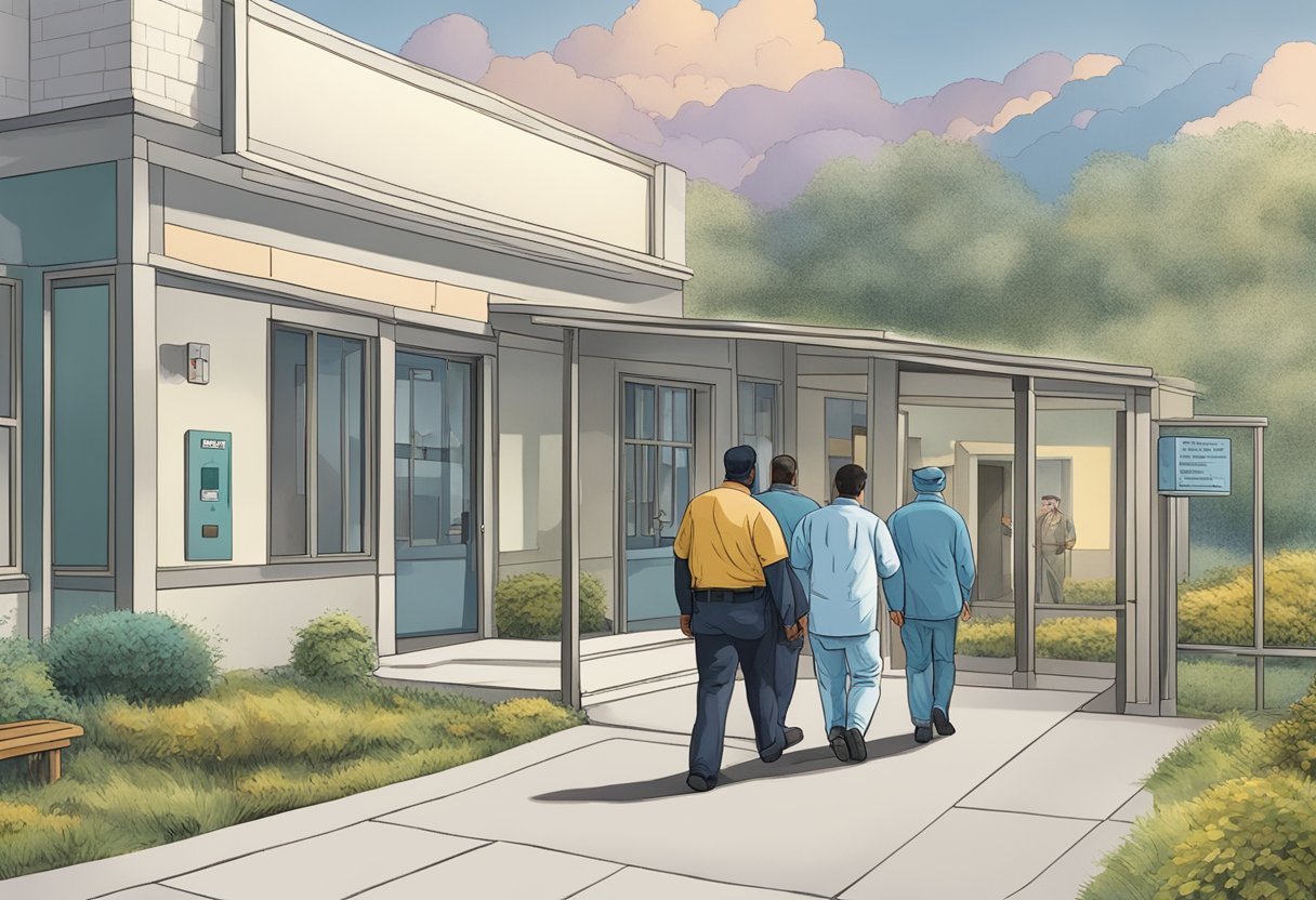 Uma pessoa sendo escoltada para uma instituição de saúde mental por autoridades.