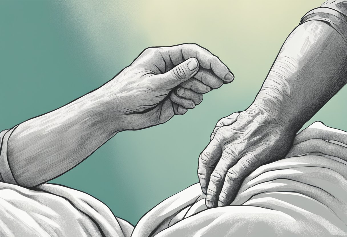 Uma mão reconfortante se estende a um membro da família angustiado enquanto eles enfrentam os desafios da internação involuntária de um ente querido.