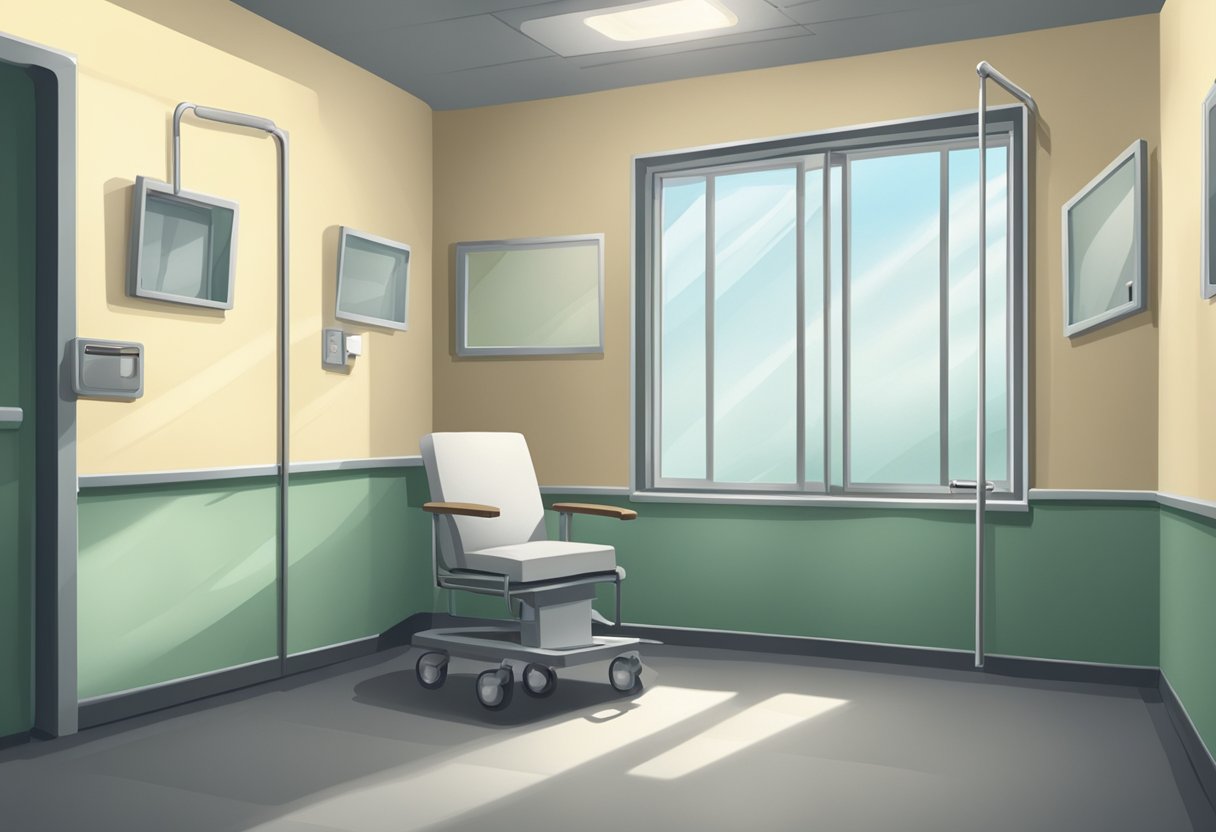 Uma sala de hospital sombria com uma janela gradeada, uma cadeira vazia e uma porta trancada. Uma sensação de confinamento e isolamento.