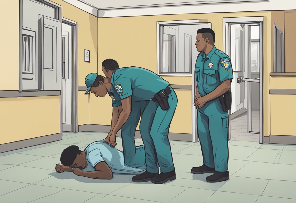 Uma pessoa sendo levada à força para uma instituição de saúde mental por dois indivíduos uniformizados, enquanto transeuntes observam com preocupação.