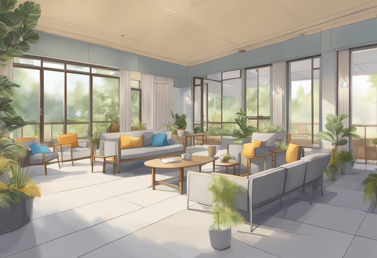 Internação para Dependente Químico: Guia Esclarecedor e Completo 2 Um centro de reabilitação sereno e pacífico, com acomodações confortáveis, espaços comunitários e salas de terapia.