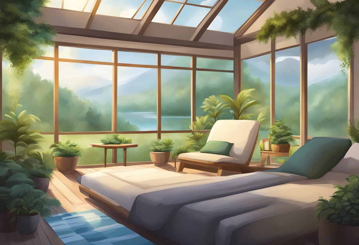 Internação para Dependente Químico: Guia Esclarecedor e Completo 3 Um ambiente sereno e pacífico com uma instalação de tratamento aconchegante e convidativa para dependência química, cercada pela natureza e uma sensação de tranquilidade.