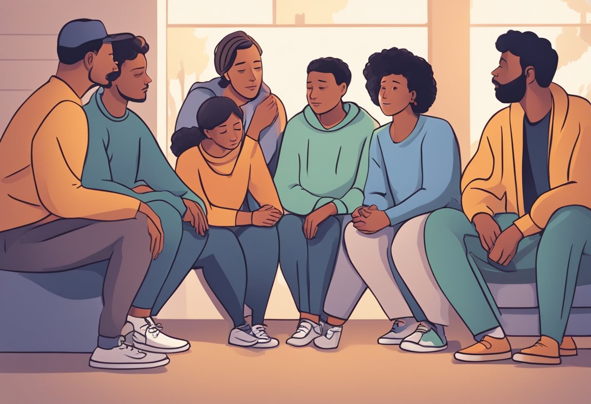 Internação para Dependente Químico: Guia Esclarecedor e Completo 6 Um grupo de familiares e amigos preocupados se reúne em um círculo de apoio, oferecendo conforto e orientação a uma pessoa que está lutando contra o abuso de substâncias.