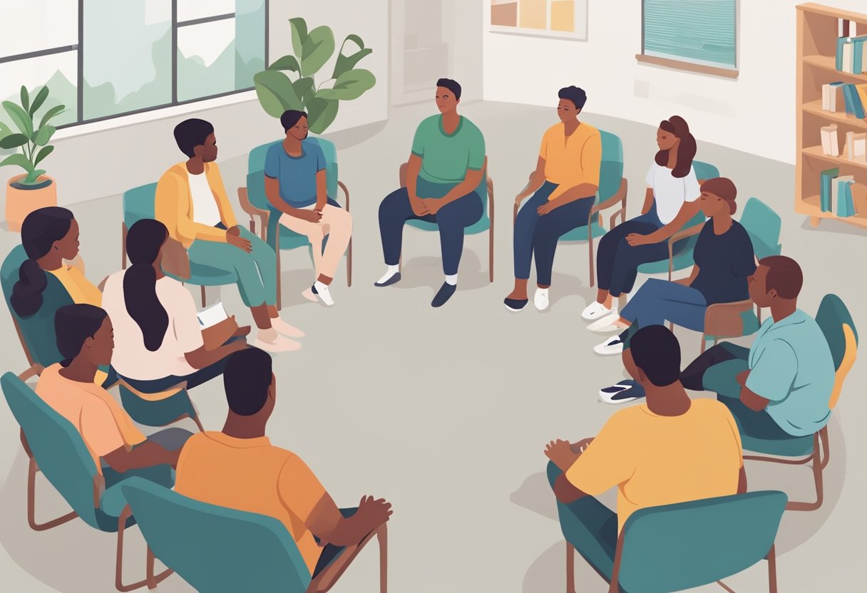 Internação para Dependente Químico: Guia Esclarecedor e Completo 7 Um grupo de indivíduos sentado em um círculo, participando de uma reunião de grupo de apoio em uma instalação de reabilitação. Vários recursos, como livros, panfletos e materiais de aconselhamento, estão visíveis na sala.