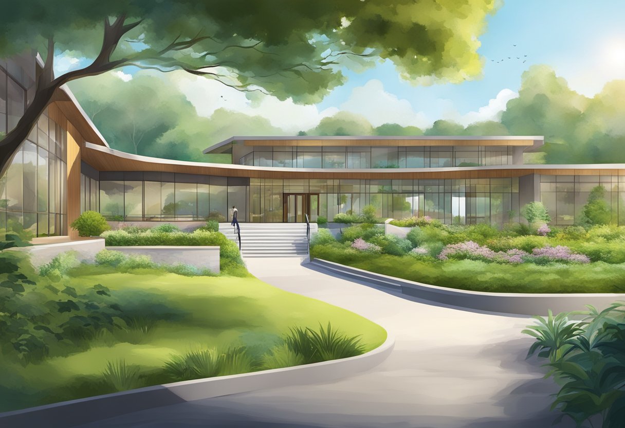 Internação para Dependente Químico: Guia Esclarecedor e Completo 8 Um centro de reabilitação sereno e moderno, com um ambiente verdejante e uma entrada acolhedora.