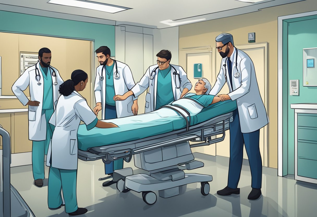 Internar Contra a Vontade: Aspectos Legais e Éticos 3 Um grupo de profissionais de saúde guiando à força um indivíduo resistente para dentro de uma sala de hospital.