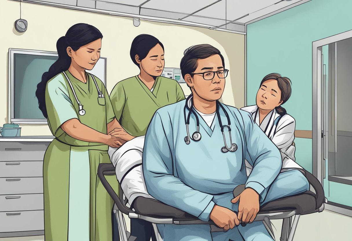 Internar Contra a Vontade: Aspectos Legais e Éticos 6 Uma pessoa sendo contida por profissionais de saúde, enquanto membros da família observam com preocupação e frustração.