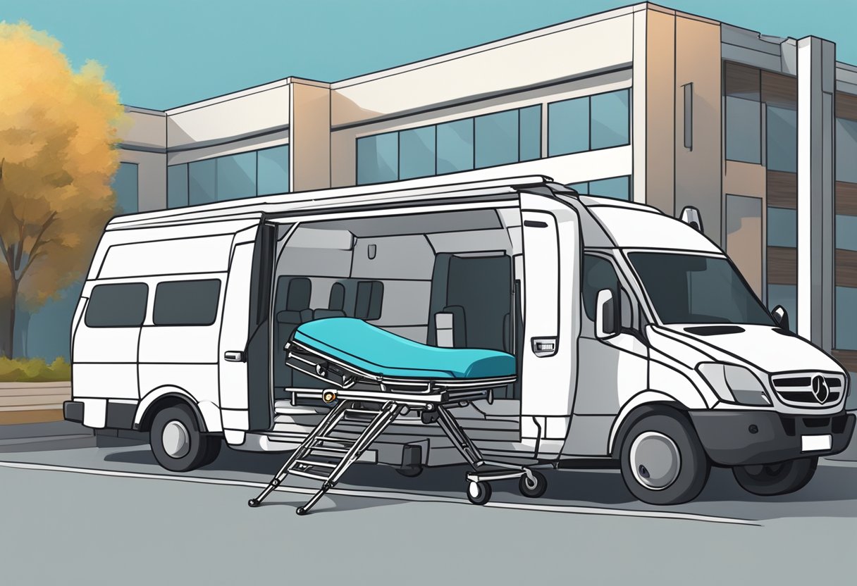 Serviço de Transporte de Pacientes: Benefícios e Melhores Práticas 1 Um veículo de transporte médico estacionado do lado de fora de um hospital, com uma maca sendo carregada por profissionais de saúde.
