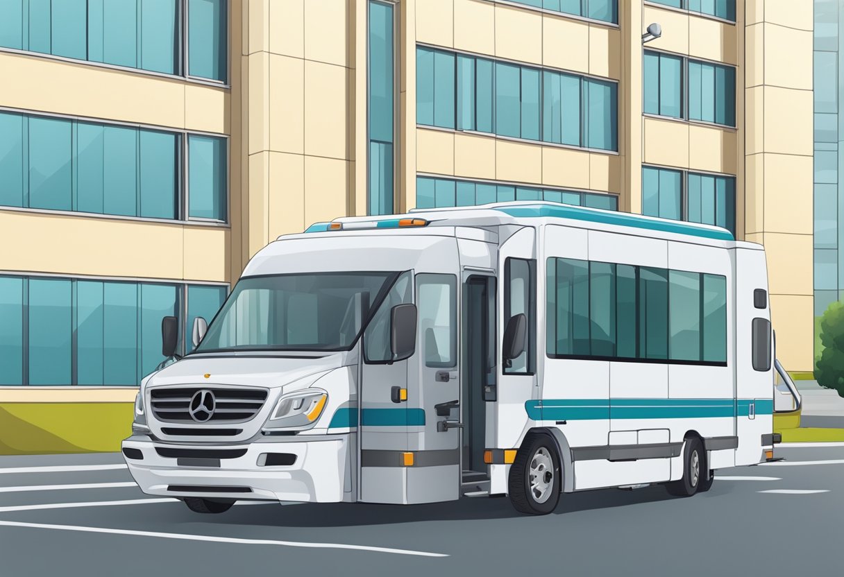 Serviço de Transporte de Pacientes: Benefícios e Melhores Práticas 2 Um veículo de transporte médico com elevador para cadeira de rodas e equipamentos médicos estacionado do lado de fora de um hospital