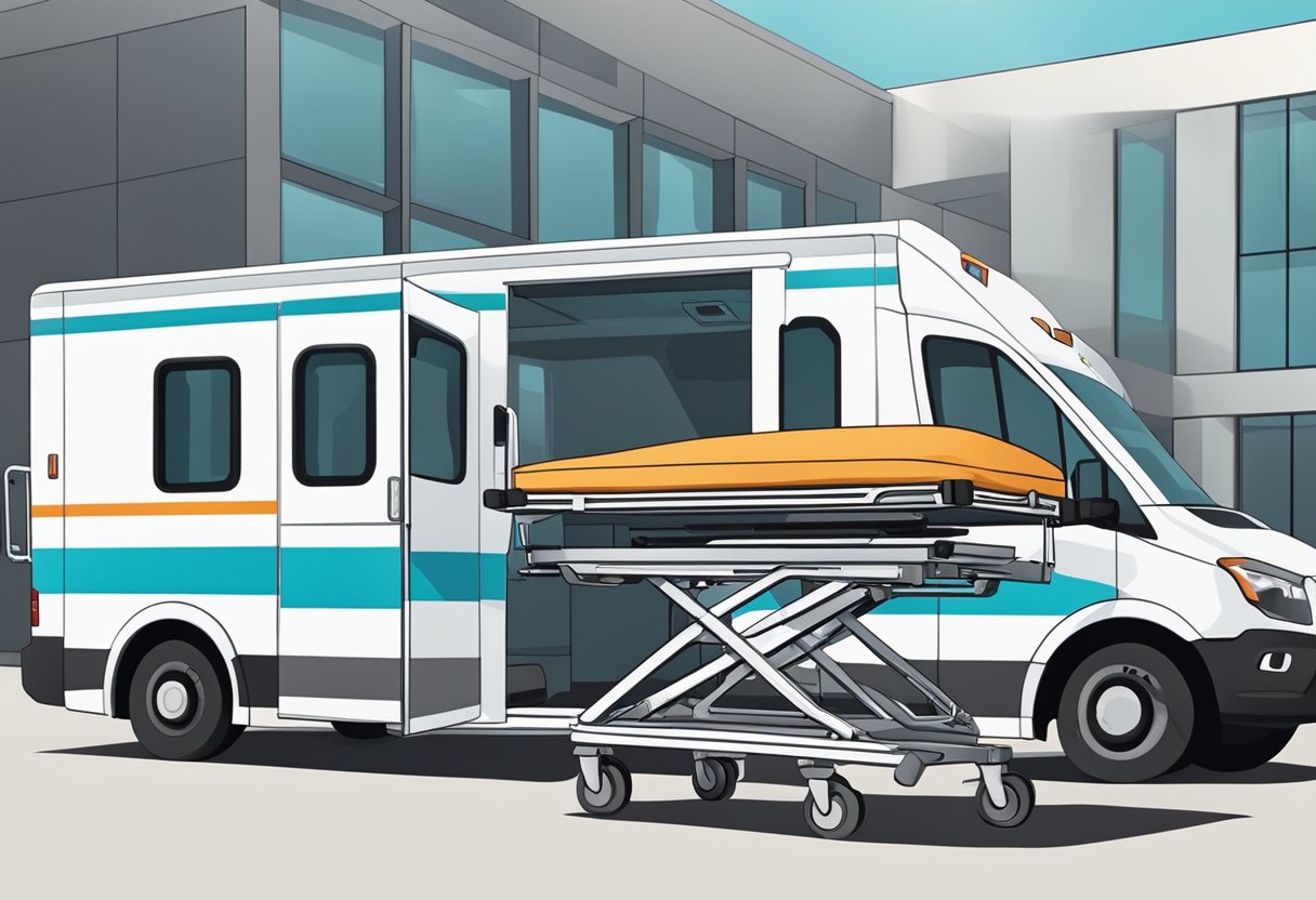 Serviço de Transporte de Pacientes: Benefícios e Melhores Práticas 3 Um veículo de transporte médico estacionado do lado de fora de um hospital, com uma maca sendo carregada por dois paramédicos.
