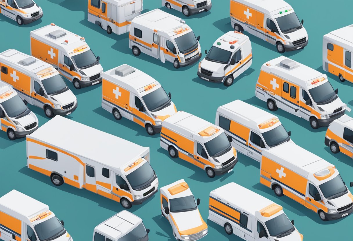 Serviço de Transporte de Pacientes: Benefícios e Melhores Práticas 5 Uma frota de ambulâncias e equipamentos médicos em uma instalação de serviço de transporte