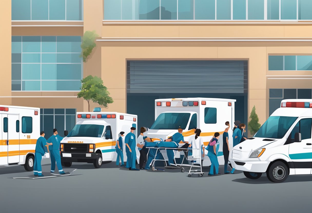 Serviço de Transporte de Pacientes: Benefícios e Melhores Práticas 6 Uma equipe de funcionários de transporte médico carregando pacientes em ambulâncias